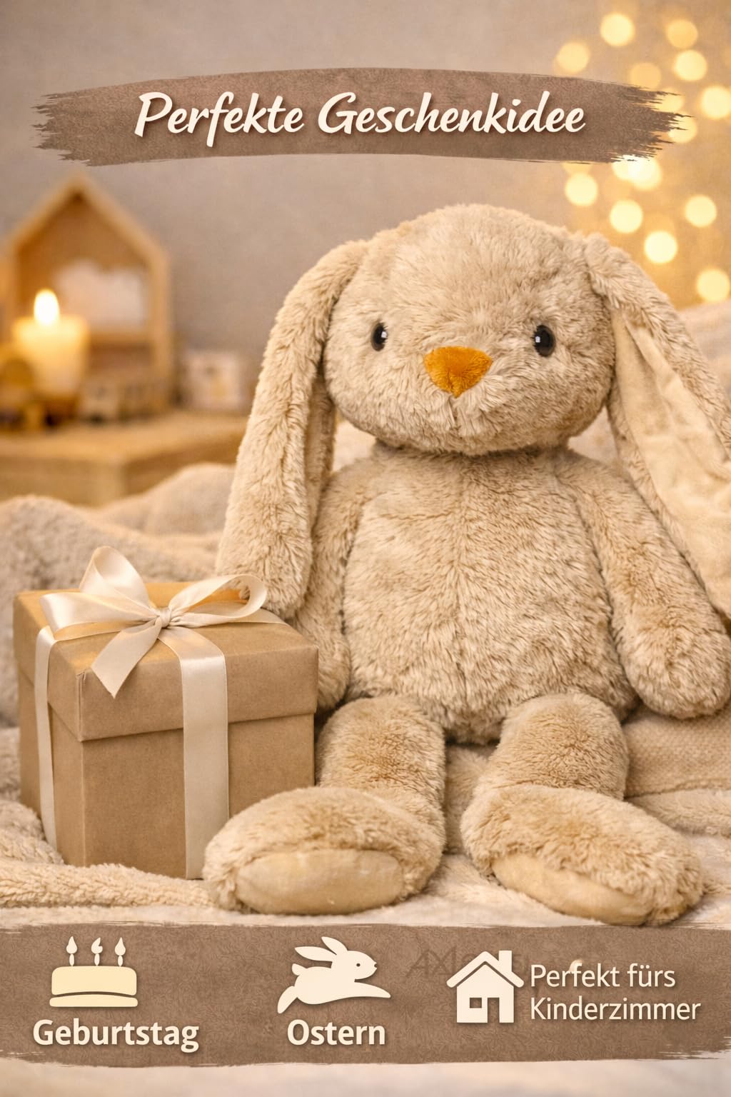 Soma Kuscheltier Hase XXL 70 cm Plüschtier mit Langen Ohren weich braun Pastell Stofftier zum Spielen Schlafen Dekoration Geschenk für Kinder