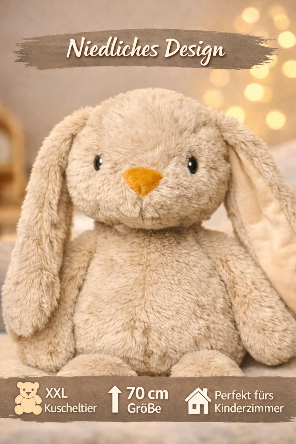 Soma Kuscheltier Hase XXL 70 cm Plüschtier mit Langen Ohren weich braun Pastell Stofftier zum Spielen Schlafen Dekoration Geschenk für Kinder