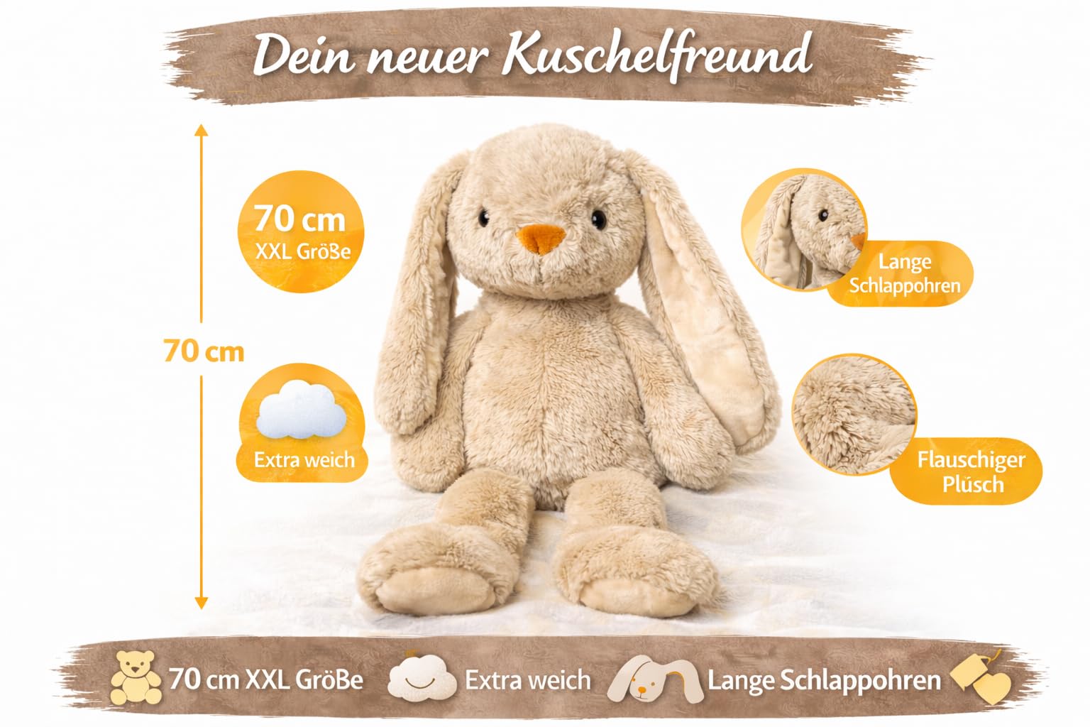 Soma Kuscheltier Hase XXL 70 cm Plüschtier mit Langen Ohren weich braun Pastell Stofftier zum Spielen Schlafen Dekoration Geschenk für Kinder