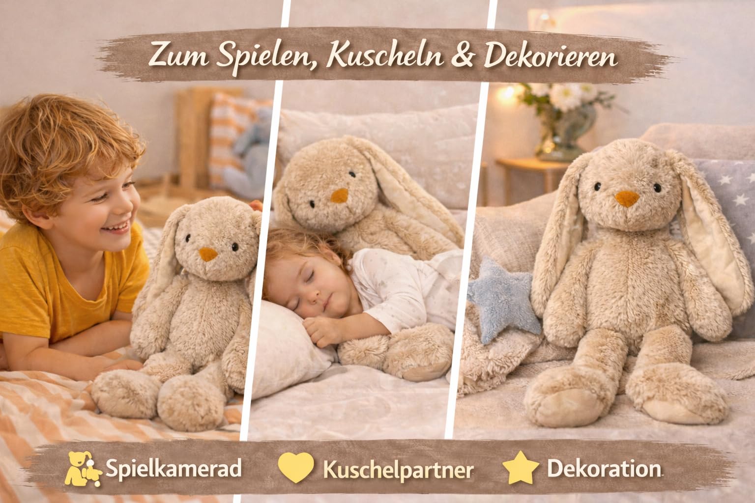 Soma Kuscheltier Hase XXL 70 cm Plüschtier mit Langen Ohren weich braun Pastell Stofftier zum Spielen Schlafen Dekoration Geschenk für Kinder