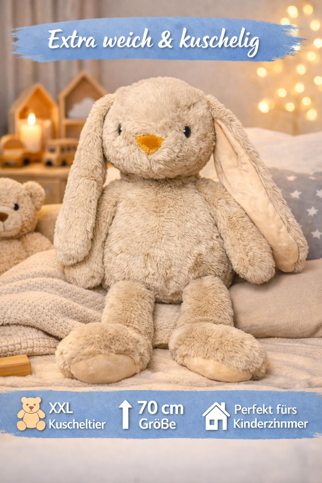 Soma Kuscheltier Hase XXL 70 cm Plüschtier mit Langen Ohren weich braun Pastell Stofftier zum Spielen Schlafen Dekoration Geschenk für Kinder