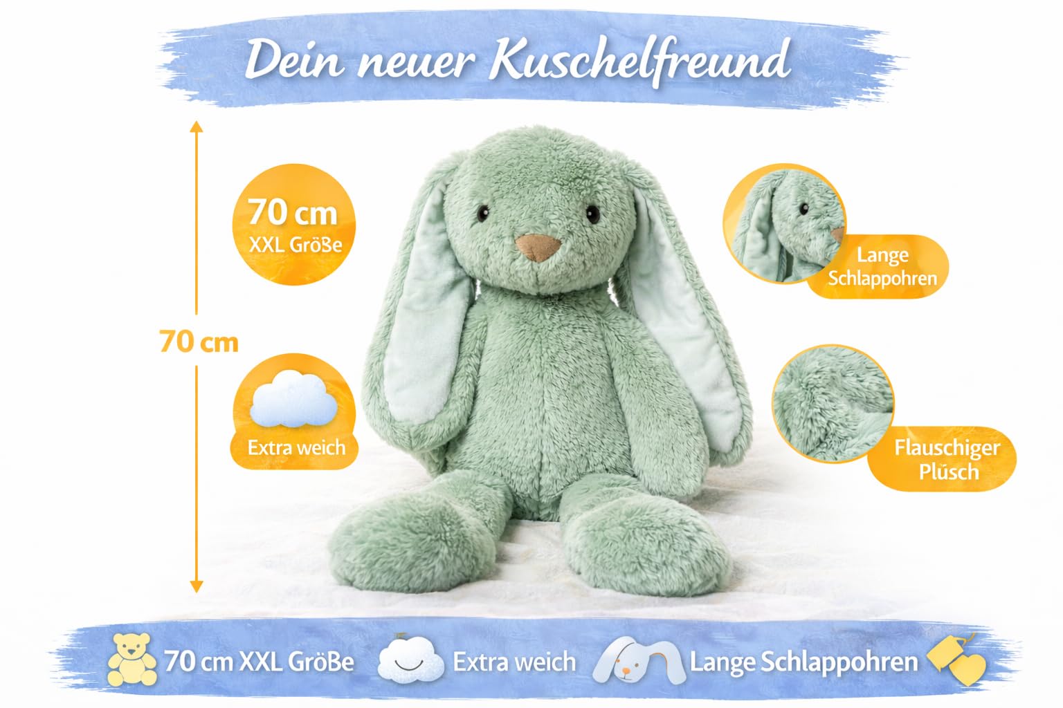 Soma Kuscheltier Hase XXL 70 cm Plüschtier mit Langen Ohren weich grün Pastell Stofftier zum Spielen Schlafen Dekoration Geschenk für Kinder